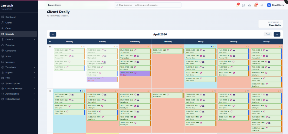 Schedule — visual weekly calendar with colour-coded visits